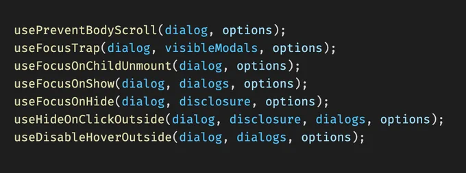 Screenshot of code snippet showing several React Hooks calls: usePreventBodyScroll, useFocusTrap, useFocusOnChildUnmount, useFocusOnShow, useFocusOnHide, useHideOnClickOutside and useDisableHoverOutside.