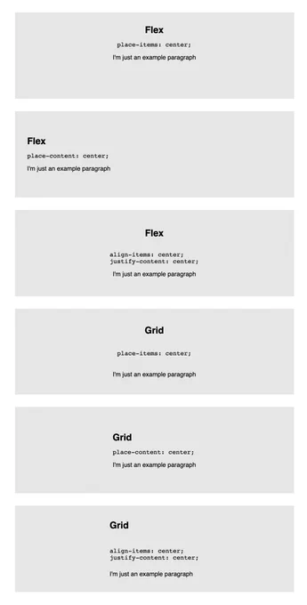 screenshot of codepen rendered site which has 6 different centered examples