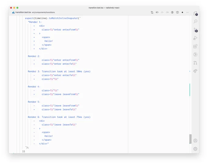 Code snippet of a visualisation of a Transition component. Actual code can be found here: https://gist.github.com/RobinMalfait/32ed686420c72bf4b5c8369a7fa792fa