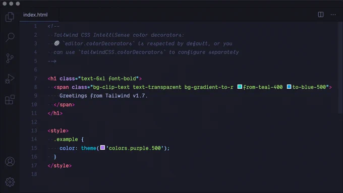 Screenshot showing the new color decorators feature for Tailwind CSS IntelliSense. Color blocks are shown next to Tailwind classes and the theme helper function. The `editor.colorDecorators` setting is respected by default, or you can use `tailwindCSS.colorDecorators` to configure separately