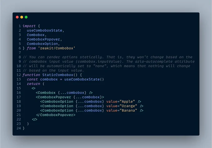 Screenshot of StaticCombobox code. See gist link in the tweet for the text version.