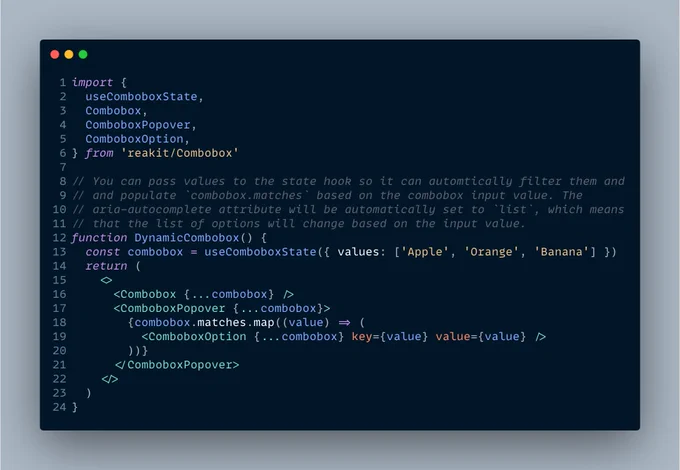 Screenshot of DynamicCombobox code. See gist link in the tweet for the text version.