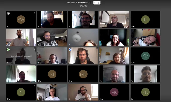 Jitsi.org meeting screenshot with participants of 47th WarsawJS Workshop on React taken during the closing session