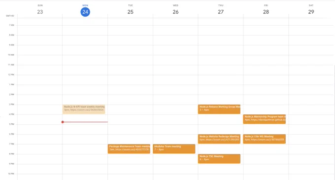 A screenshot of the calendar available at http://nodejs.org/calendar, displayed in GMT+0.