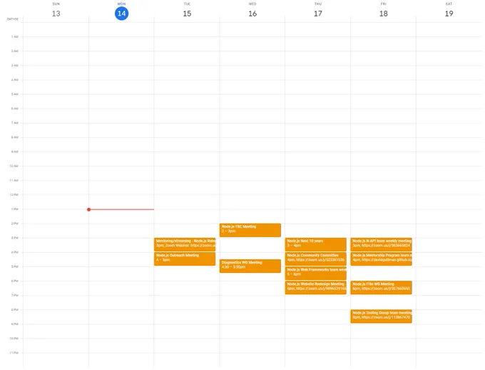 A screenshot of the calendar available at http://nodejs.org/calendar, displayed in GMT+0.