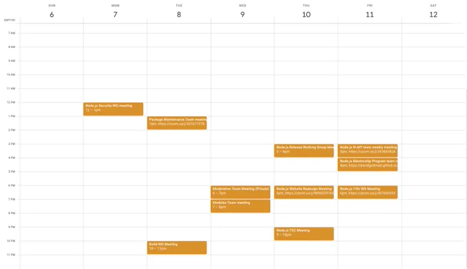 A screenshot of the calendar available at http://nodejs.org/calendar, displayed in GMT+0.