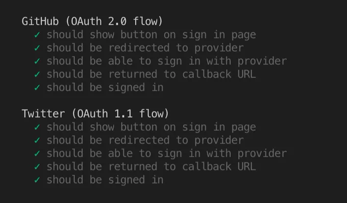 Test runner output for GitHub (OAuth 2) and Twitter (OAuth 1)