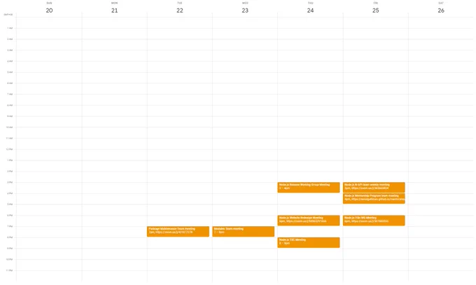 A screenshot of the calendar available at http://nodejs.org/calendar, displayed in GMT+0.