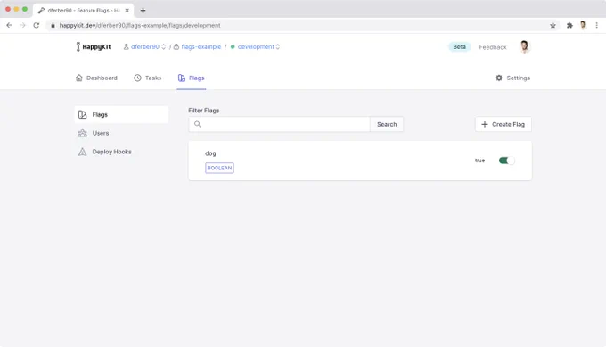 Screenshot of HappyKit Flags showing an enabled "dog" flag