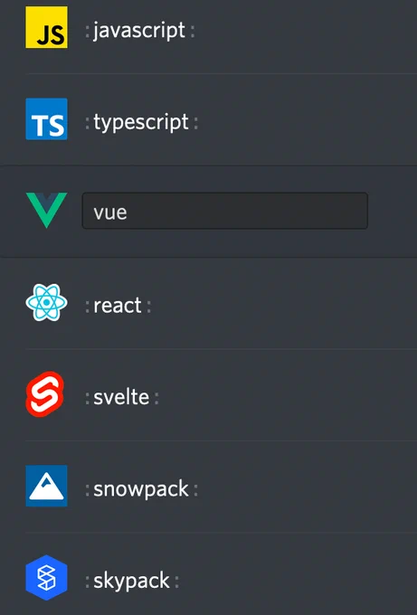 custom emoji for vue, react, snowpack, skypack, svelte