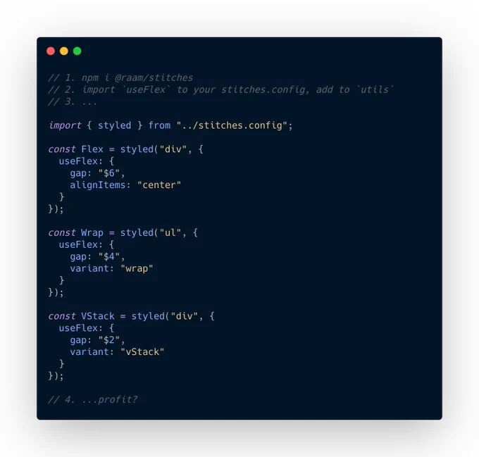 useFlex is added as a stitches util, and the gap is passed