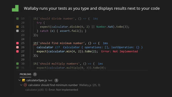 Wallaby  runs your tests as you type and displays results next to your code