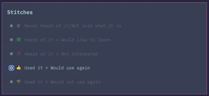 Screen shot of Stitches CSS-in-JS library listed in the State of CSS survey