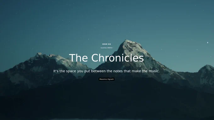 New component - a full page cover for a digital magazine. Background photo of mountains with snow on them. 