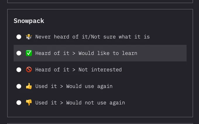 Snowpack in the State of Javascript Survey