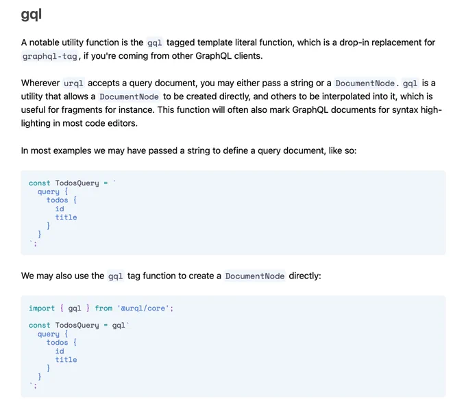 A screenshot of the "Basics" urql docs page, showing the built-in "gql" tag function.