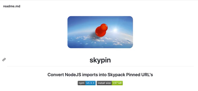 Skypin Readme: Logo (pin over a pic of the sky). Convert NodeJS imports into Skypack Pinned Urls