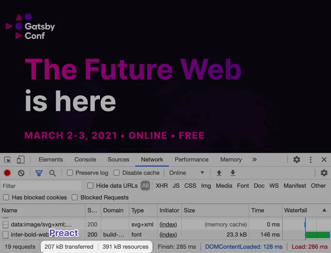 Preact version of the site showing 391 kb of downloaded resources