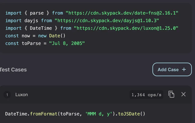 import { parse } from "https://cdn.skypack.dev/date-fns@2.16.1"
import dayjs from "https://cdn.skypack.dev/dayjs@1.10.3"
import { DateTime } from "https://cdn.skypack.dev/luxon@1.25.0"
const now = new Date()
const toParse = "Jul 8, 2005"
