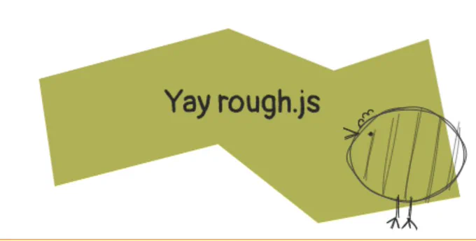 polygon that says "yay rough.js", a sketchy looking chicken with a round body