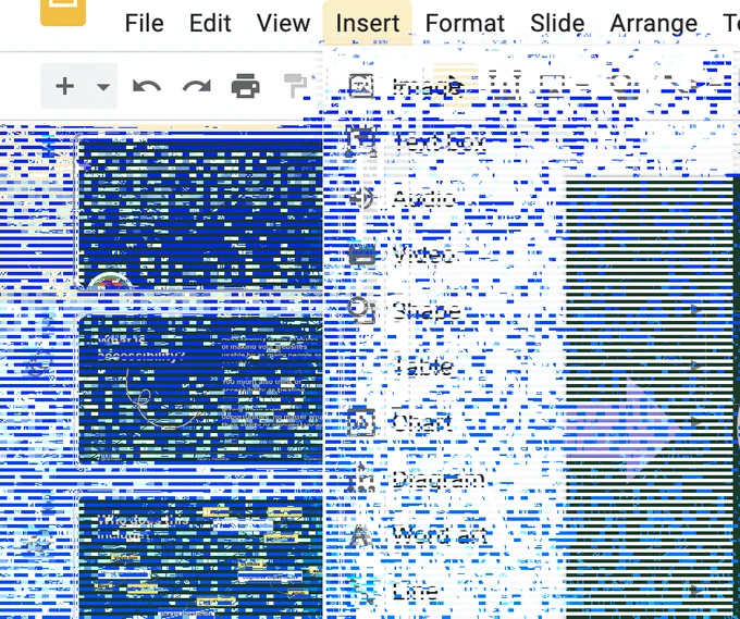 screenshot of google slides where all the menus have a blue and white striped pattern (glitch) on top
