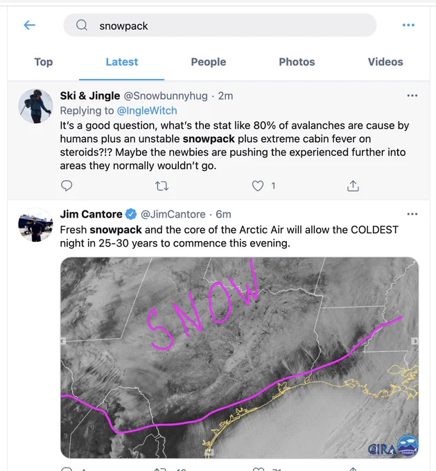 snowpack twitter search showing snow tweets