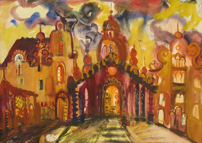 Monika Ose "Senie tempļi". 1981, p/akvarelis, 58 x 83 cm, TNMM 15692.  Mākslinieces dāvinājums Talsu novada muzejam.
