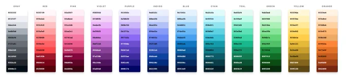 10 step color scales for each hue arranged in vertical stacks spaced out