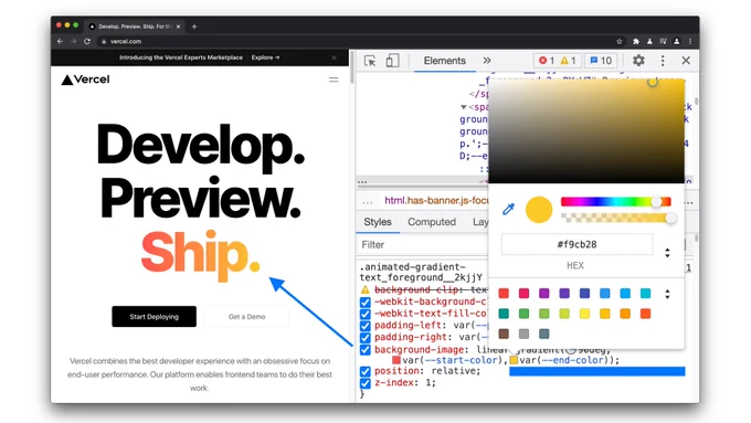The Styles pane now shows color pickers for custom CSS properties. In addition, you can hold the Shift key and click on color picker to cycle through the RGBA, HSLA, and Hex representations of the color value.