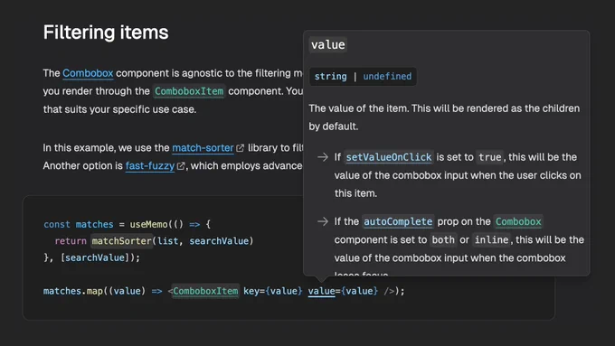 Screenshot of a section from the Ariakit site documentation featuring a code block. The code example uses a "value" prop that's highlighted in the screenshot. A hovercard provides further details about the "value" prop.