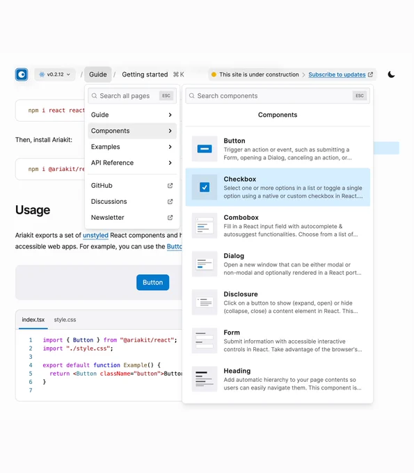 A screenshot of the ariakit.org site with a light theme