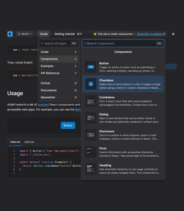 A screenshot of the ariakit.org site with a dark theme