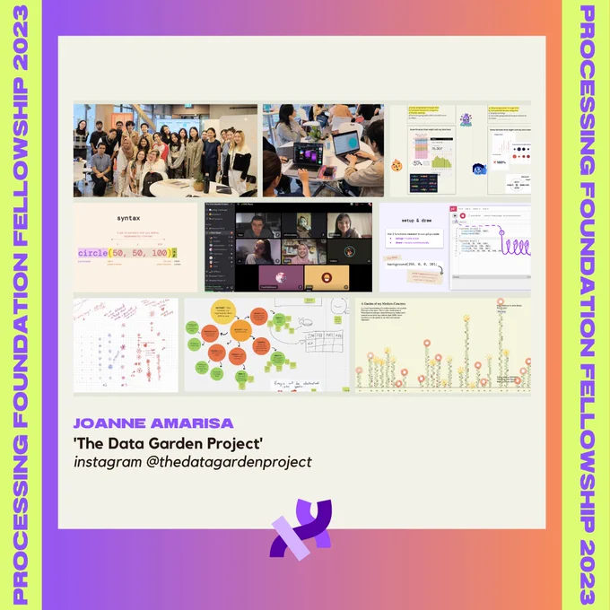 An image that represents Joanne Amarisa’s fellowship project. It is an image of a collage showcasing the Data Garden Project's work. Top left to bottom right: A group photo of workshop attendees, a pair of students creating colourful shapes on p5.js, a collaborative Miro of a data viz workshop, a couple of slides used in a Data Garden workshop, a group of members smiling at the end of a Discord study space, progress sketches and examples of students' data visualization project work. Their name, project title, and instagram handle (@thedatagardenproject) are at the bottom of the image. The image and texts sit on top of a purple-orange sunset background, with the text, “Processing Foundation Fellowships 2023” in purple with a lime background at left and right sides of the graphic. The text is followed by a Processing Foundation logo.
