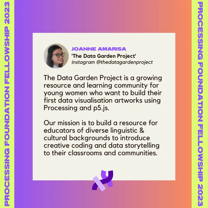 A project description of Joanne Amarisa’s project, ‘The Data Garden Project’. It reads, “The Data Garden Project is a growing resource and learning community for young women who want to build their first data visualization artworks using Processing and p5.js. Our mission is to build a resource for educators of diverse linguistic & cultural backgrounds to introduce creative coding and data storytelling to their classrooms and communities.”. Their profile photo, name, project title, and instagram handle (@thedatagardenproject) are at the top of the description. The image and texts sit on top of a purple-orange sunset background, with the text, “Processing Foundation Fellowships 2023” in purple with a lime background at left and right sides of the graphic. The project description is followed by a Processing Foundation logo.