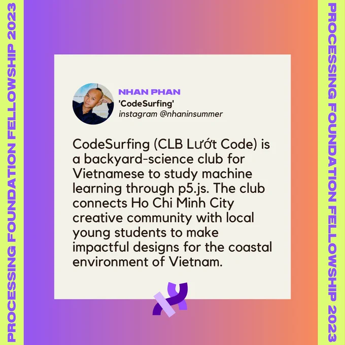 A project description of Nhan Phan’s project, ‘CodeSurfing’. It reads, “CodeSurfing (CLB Lướt Code) is a backyard-science club for Vietnamese to study machine learning through p5.js. The club connects Ho Chi Minh City creative community with local young students to make impactful designs for the coastal environment of Vietnam.” Their profile photo, name, project title, and instagram handle (@nhaninsummer) are at the top of the description. The image and texts sit on top of a purple-orange sunset background, with the text, “Processing Foundation Fellowships 2023” in purple with a lime background at left and right sides of the graphic. The project description is followed by a Processing Foundation logo.
