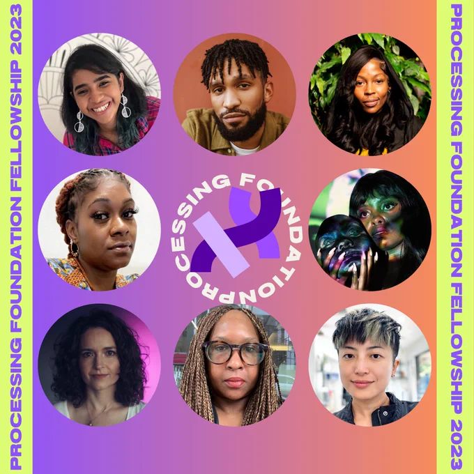 A graphic of our 2023 fellow mentors. A headshot of Neema Githere, Luisa Pereira, Sierra Gilliam, LaJuné McMillian,  Mathura M. Govindarajan, Kemi Ukadike, Xin Xin, and Adrian Jones are in circles from top left to bottom right. In the middle of the circles is a logo of the Processing Foundation, with “Processing Foundation” written in a circle around the logo. The graphic reads, “Processing Foundation Fellowship 2023” in purple on both left and right edges of the graphic, with a lime background. The headshot images rest on top of a purple and orange sunset background.
