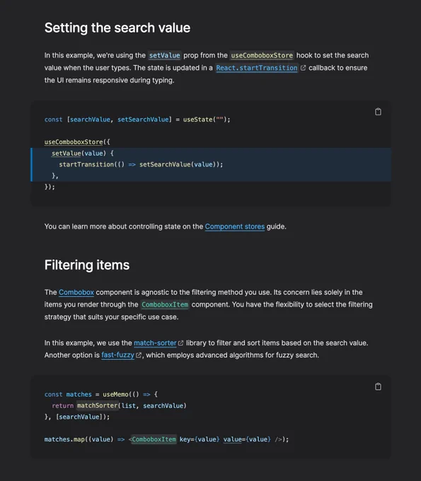 Screenshot of the "Setting the search value" and "Filtering items" sections on the Combobox filtering page linked in the tweet