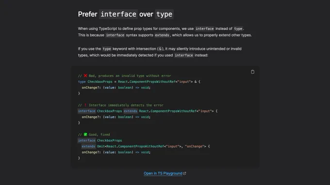 Screenshot of the "Prefer interface over type" section from the page linked in the post