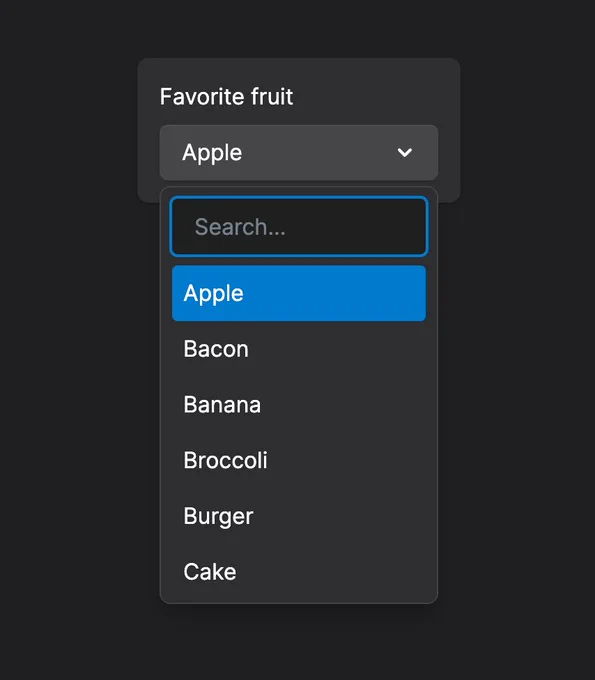 A screenshot of a custom select widget labeled "Favorite fruit" with a default value of "Apple". The select popup has a combobox search field with a "Search" placeholder and a few options.