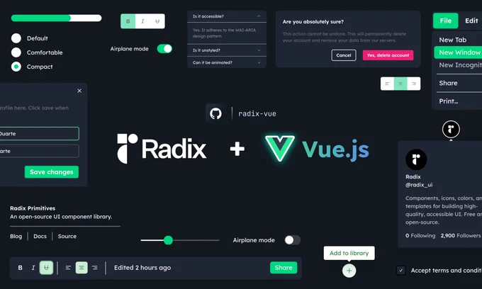 An image illustrating the different kinds of components found in the Radix Vue port