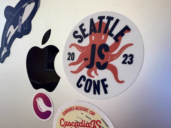 The official laptop sticker of SeattleJS Conf 2023