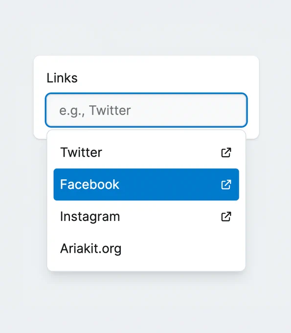 Screenshot of Ariakit's Combobox component with links