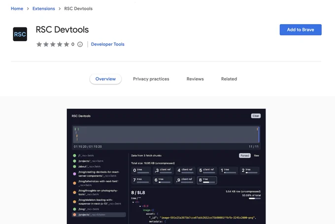 Screenshot of the RSC Devtools extension page on the Chrome Web store.