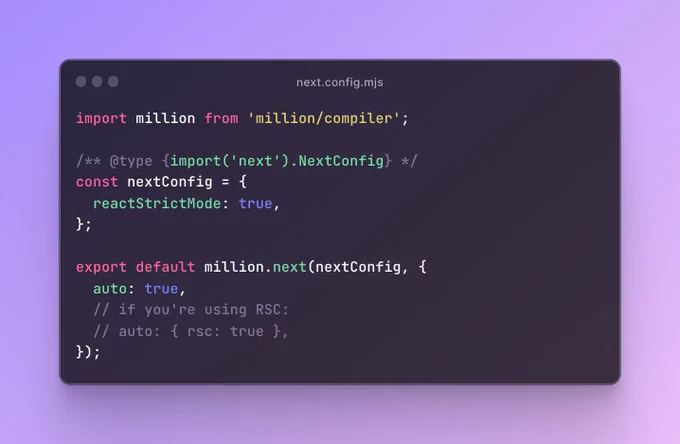 A code snippet showing how you can use millionjs and Next.js