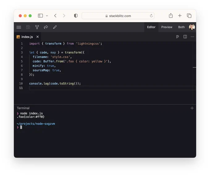 Screenshot of Stackblitz code editor running a script that uses the Lightning CSS transform API. The terminal output is shown below.