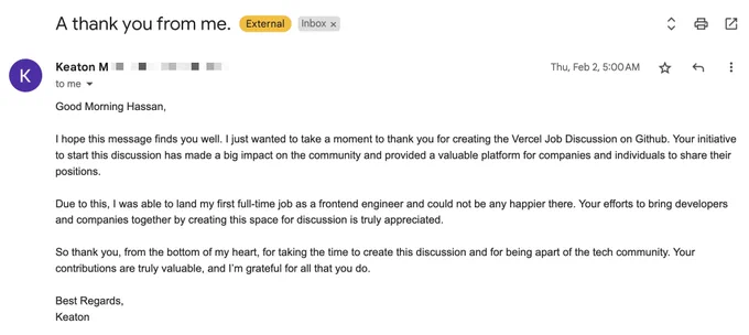 Screenshots of emails I got from people who got jobs from the Next.js GitHub Discussion job boards