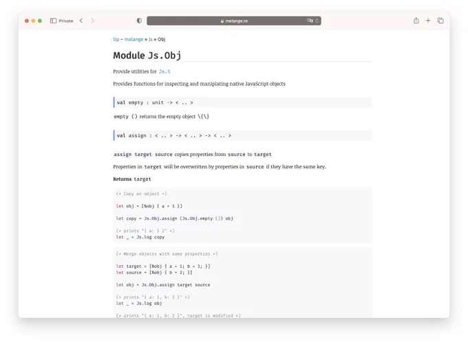 A screenshot of the documentation page for Melange Js.Obj module as seen in the browser