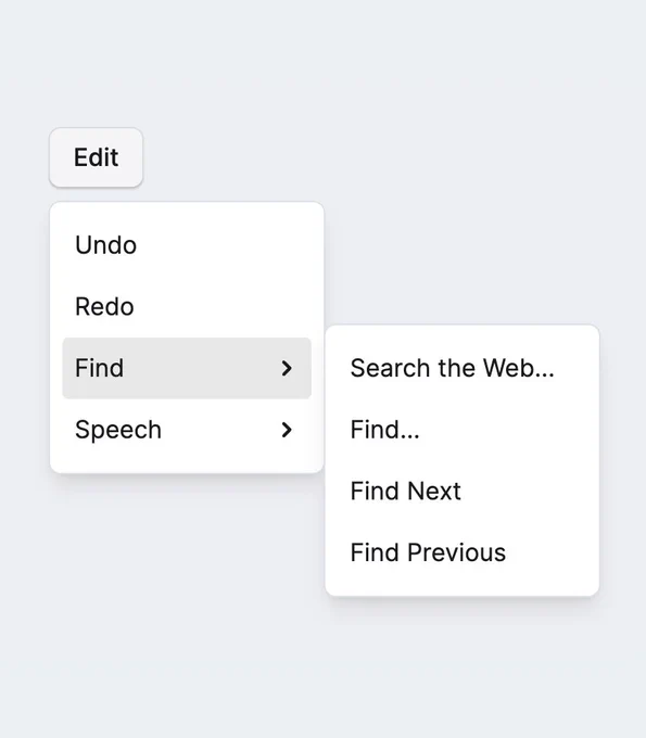 A screenshot of an Edit menu button with 4 items: Undo, Redo, Find, Speech. The last two items, Find and Speech, are sub-menu buttons. The Find submenu is open.