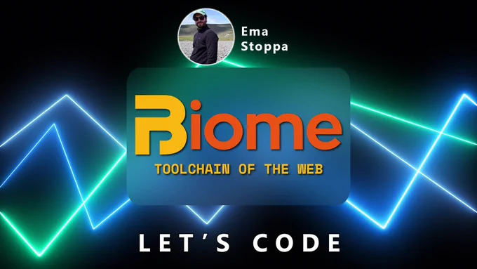 A picture of Ema Stoppa above the logo for Biome (subtext: toolchain of the web).  A Michigan TypeScript Let's Code podcast episode.