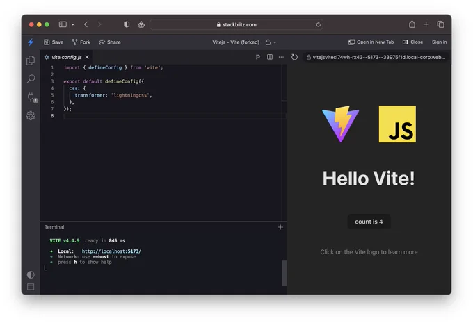 Screenshot of above url showing vite running in stackblitz with lightning css.